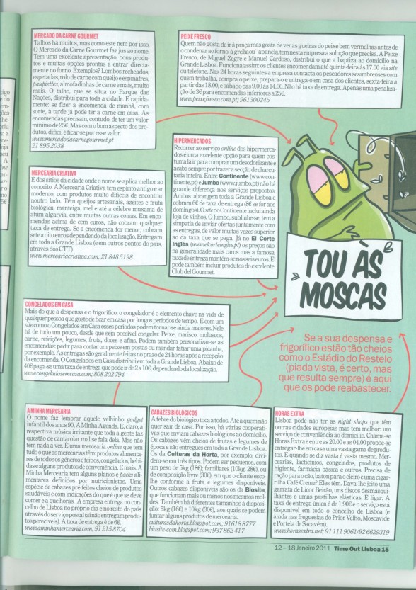 Página de revista com blocos de texto coloridos e ilustração de um inseto verde caricaturado ao lado do texto 'TOU ÀS MOSCAS'.