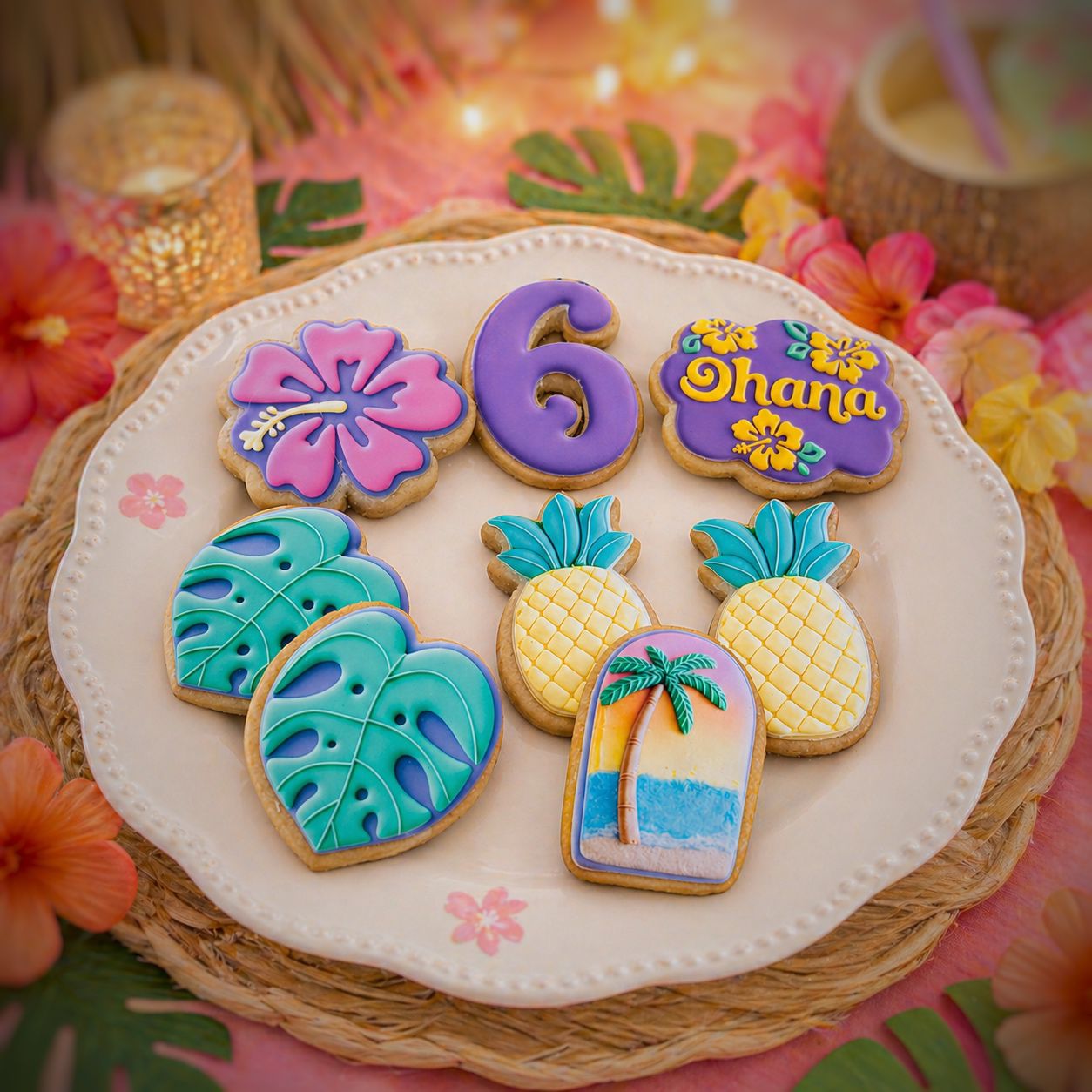 Bolachas Artesanais Personalizadas Exclusivas (5 unidades) Bolachas decoradas tropicais em prato creme com decoração colorida e texto Ohana.