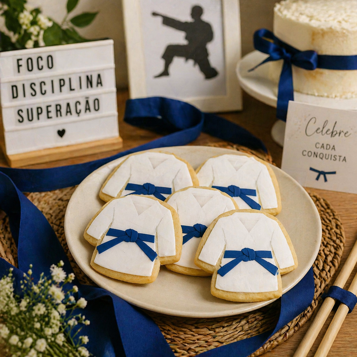 Bolachas Artesanais Personalizadas Exclusivas (5 unidades) Bolachas decoradas com faixas azuis e texto motivacional em cima de uma mesa com bolo e placa