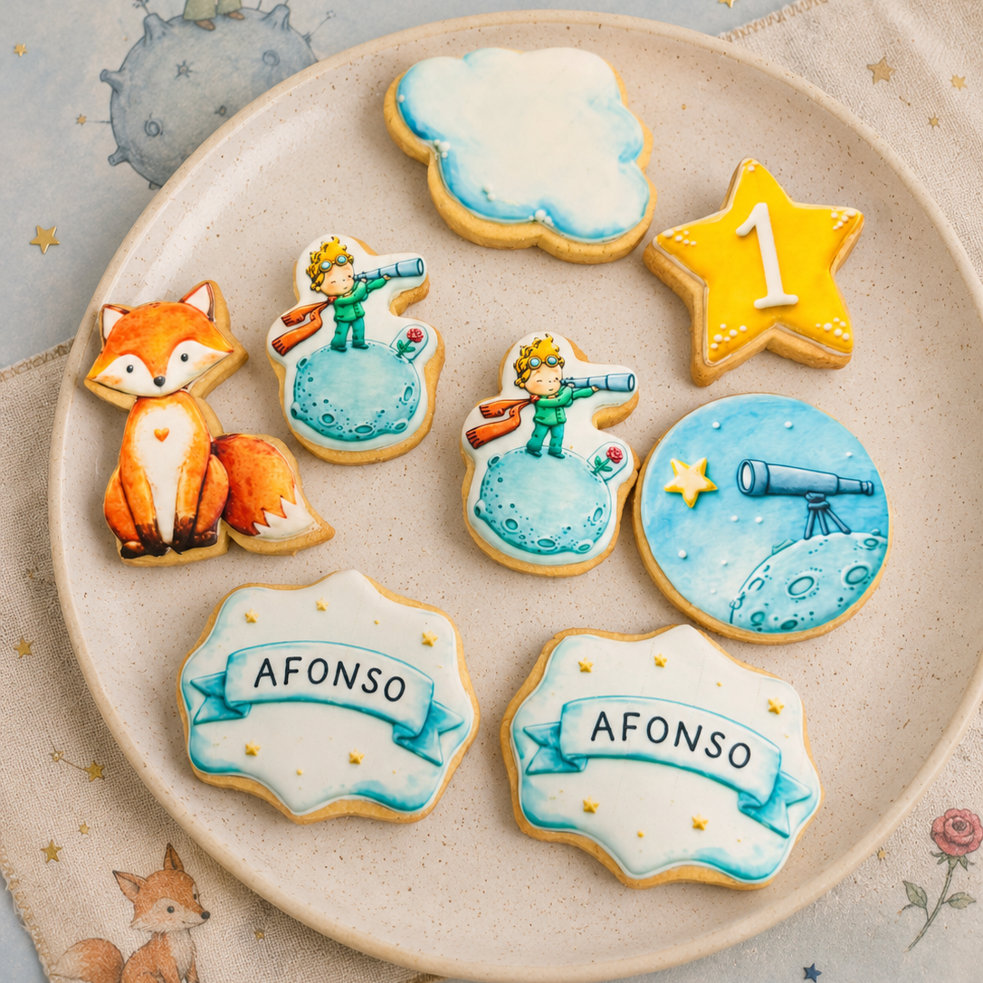 Bolachas Artesanais Personalizadas Exclusivas (5 unidades) Bolachas decorativas com temas de príncipe e raposa em prato bege