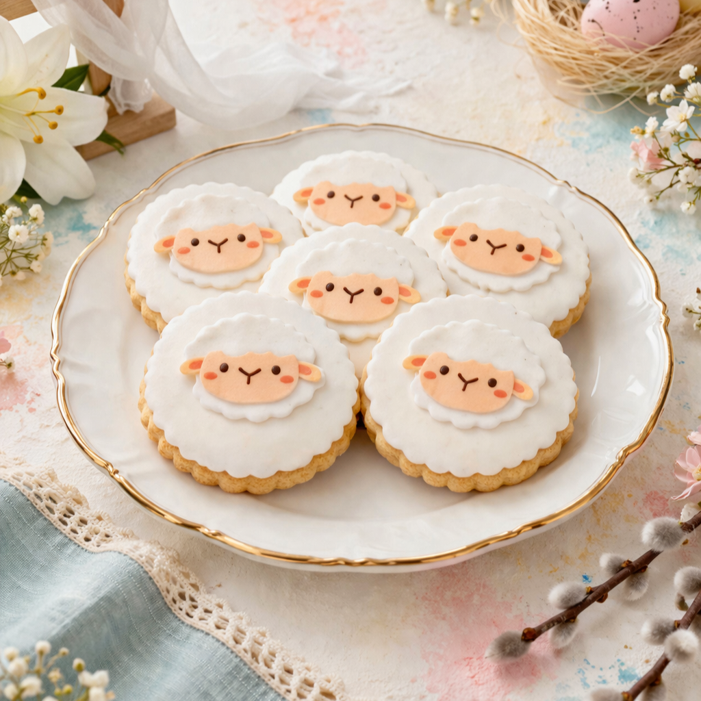 Bolachas Personalizadas com Pasta de Açúcar (5 unidades) Bolochas decoradas com ovelhas num prato branco com borda dourada em cenário primaveril com flores e tecido azul claro