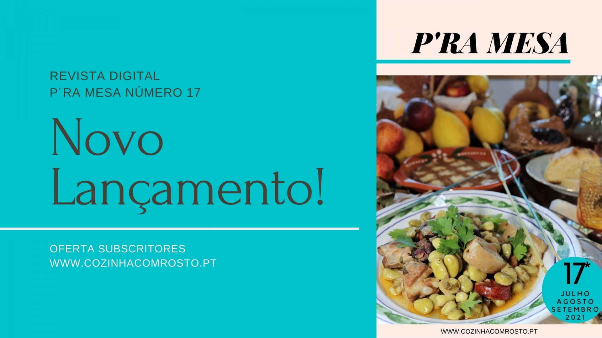 Imagem promocional da revista digital P'RA MESA com texto e foto de pratos variados