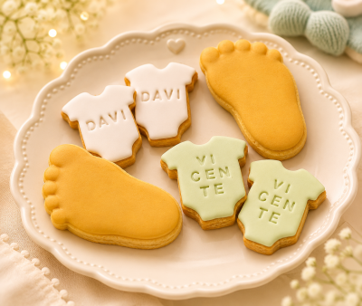 Bolachas decoradas com nomes Davi e Vicente em formas de corpo e pé de bebé num prato branco.