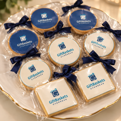 Bolachas decoradas e embaladas com logótipo GiftBaskets OVERSEAS num prato branco com contorno dourado