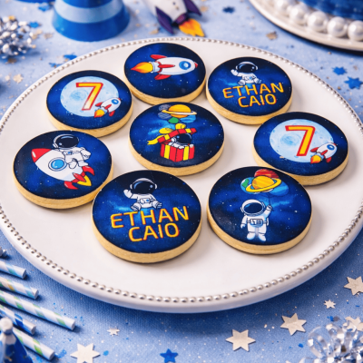 Bolachas decoradas com tema espacial num prato branco