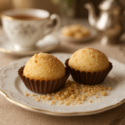 Dois brigadeiros gourmet em forminhas de papel marrons sobre prato branco com borda dourada e migalhas.