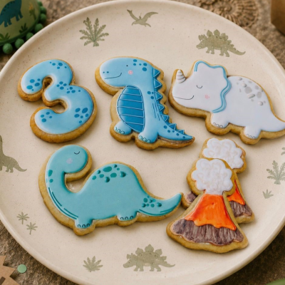 Bolachas decoradas com motivos de dinossauros e número três sobre prato bege com desenhos de dinossauros.