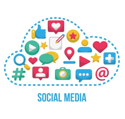 Ilustração de uma nuvem com ícones de redes sociais e texto SOCIAL MEDIA