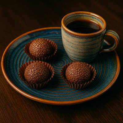 Prato e chávena de cerâmica azuis com riscas castanhas, três brigadeiros de chocolate em forminhas castanhas, fundo de madeira escura.
