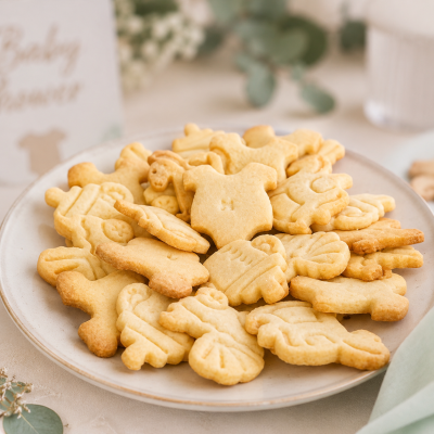 Biscoitos de bebé em várias formas numa travessa branca.