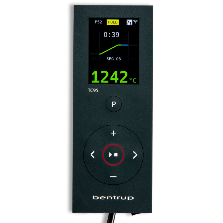 Programador / Controlador Temperatura BENTRUP TC95 WiFi e USB Dispositivo electrónico preto com ecrã a mostrar 1242°C e vários botões de controlo