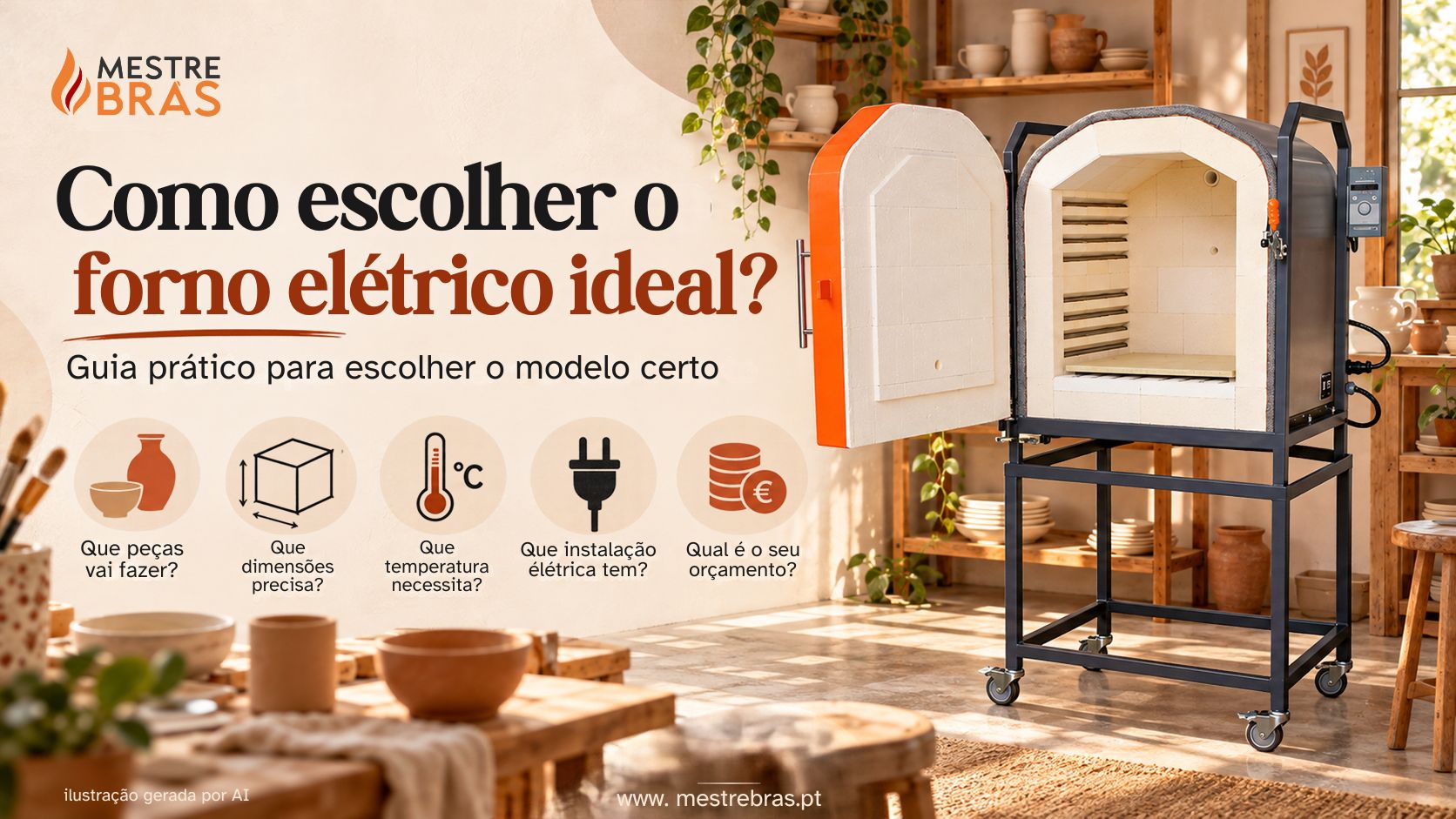 Forno elétrico em estrutura metálica preta com interior branco e porta aberta
