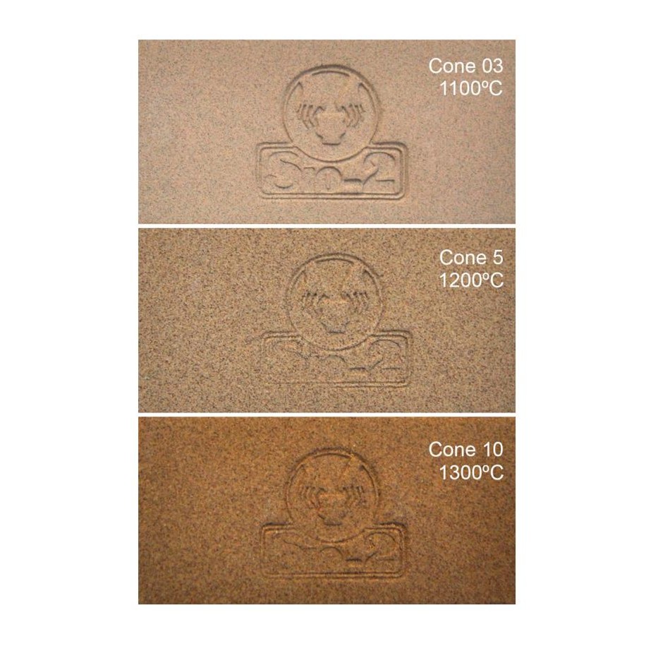 Pasta Cerâmica SiO-2 TOFFEE Caramelo - Grés com chamote 0-0,2mm – 12,5kg Três amostras de cerâmica com diferentes cores e temperaturas indicadas