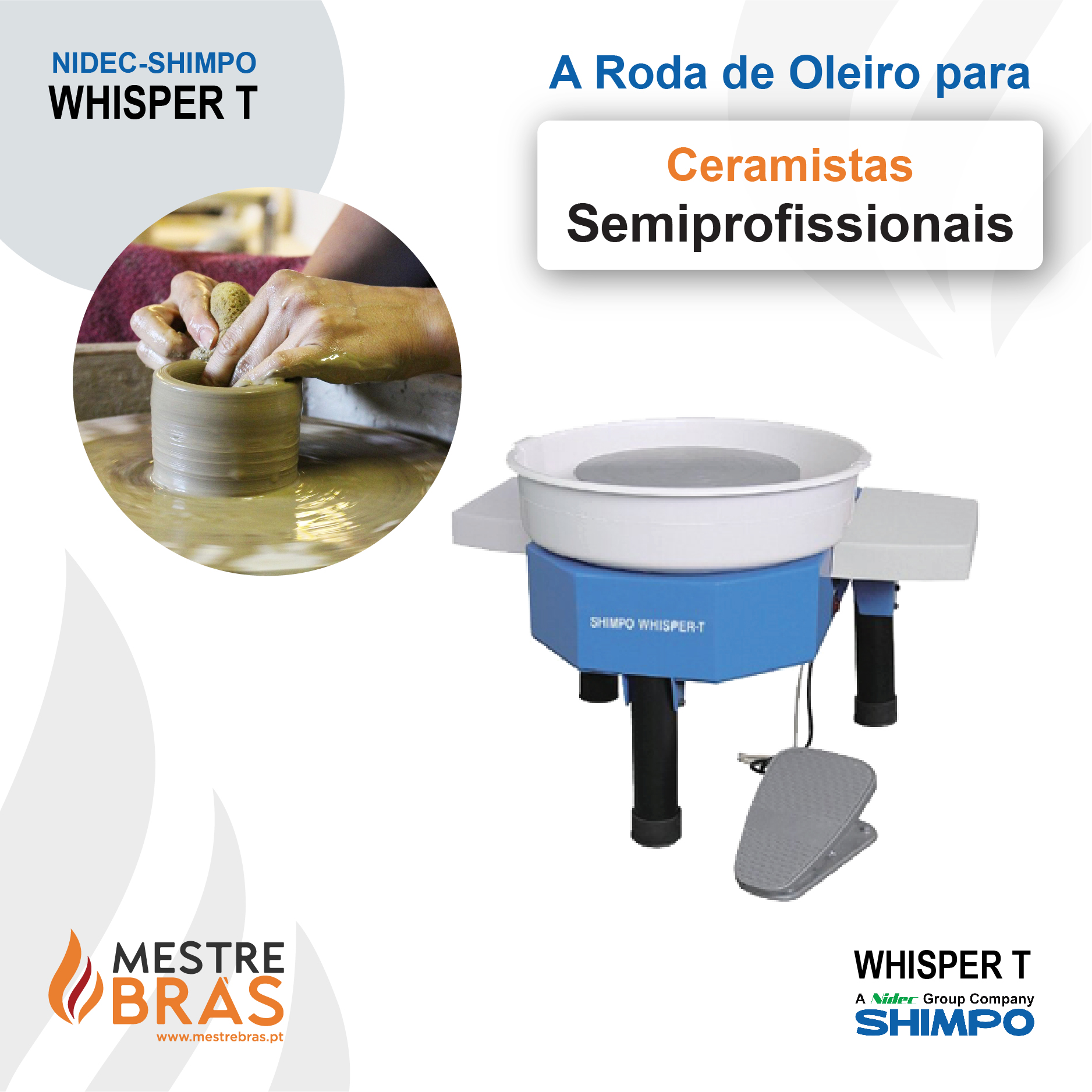 Roda de oleiro WHISPER T azul e branca com pedal cinza para cerâmica