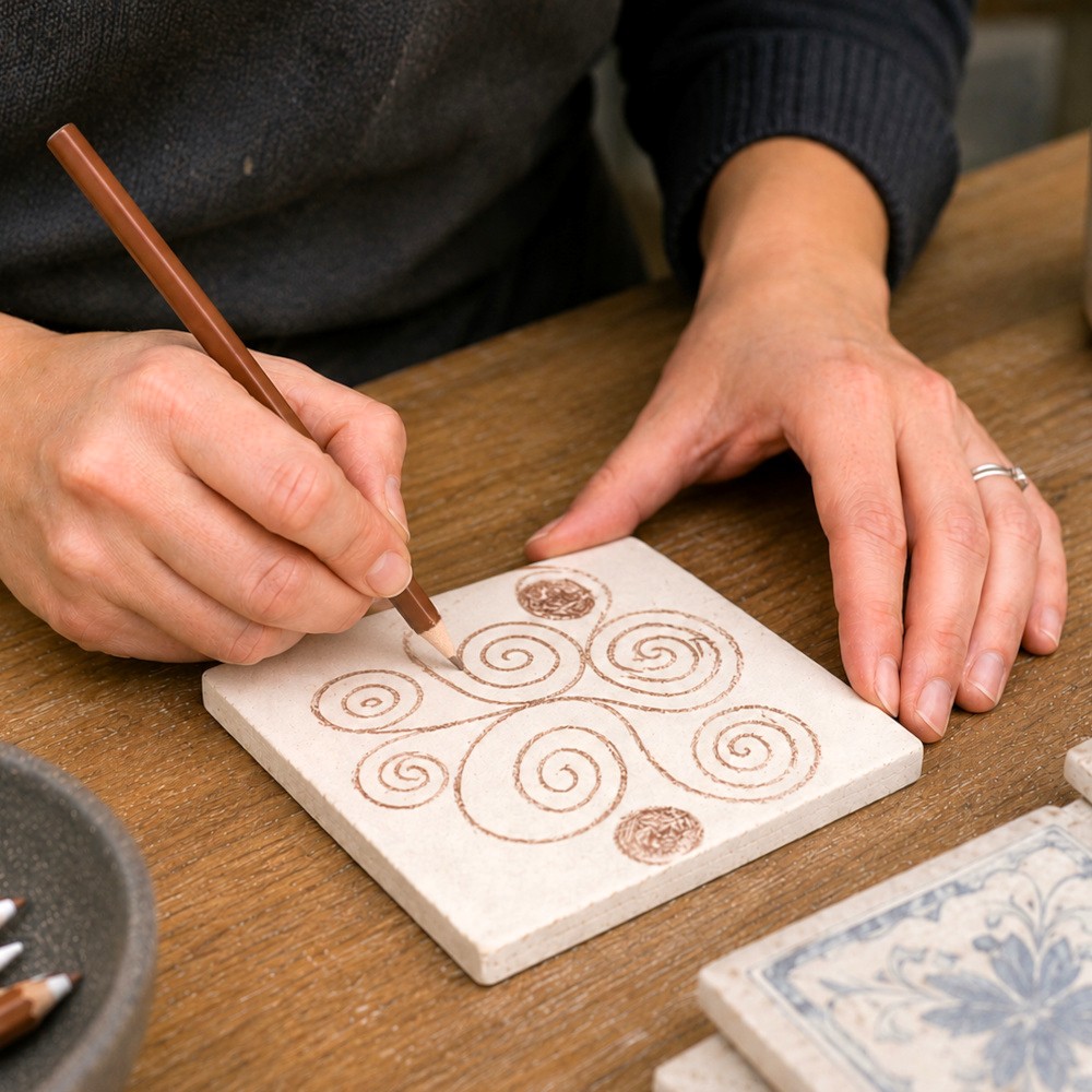 Lápis Cerâmico para Decoração e Marcação Azulejo branco com desenho de espirais castanhas feito à mão sobre mesa de madeira.