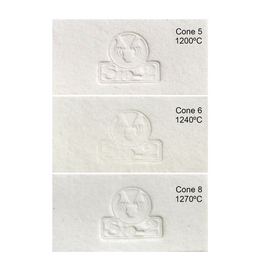 Pasta Cerâmica com Fibra de Papel SiO-2 CELLULAIN Branca – Porcelana - 5 kg Três amostras de vidro opaco com relevo e texto indicando temperaturas de cone