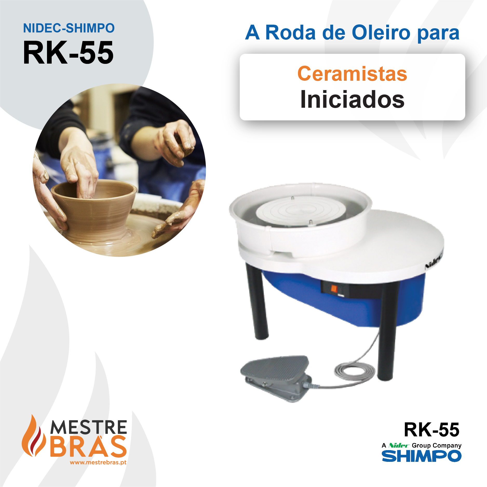 Flyer promocional do torno de oleiro NIDEC-SHIMPO RK-55 com imagem de mãos a moldar barro