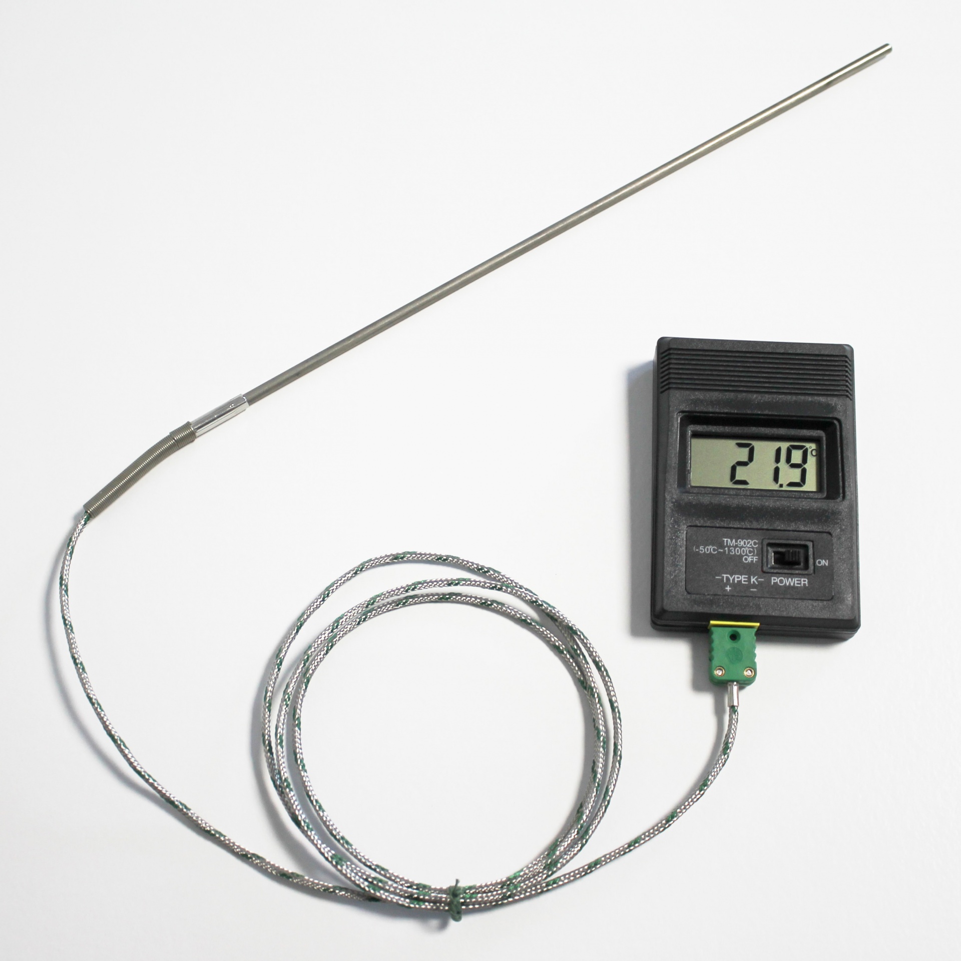 Kit Indicador temperatura e Sonda Pirométrica tipo "K" até 1100°C Termómetro digital com sonda metálica longa e cabo em malha metálica