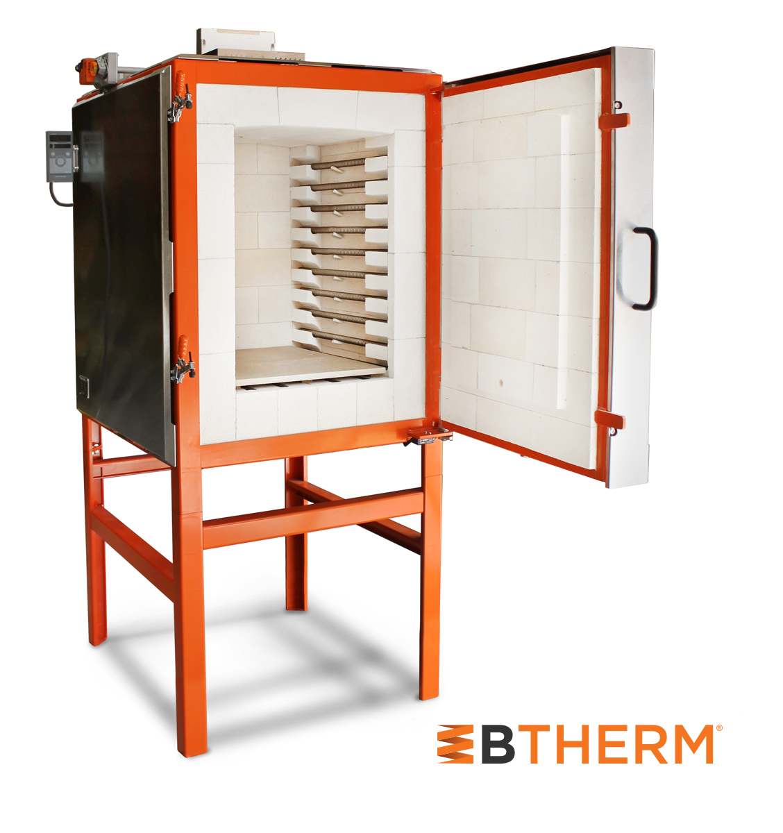 Forno / Mufla Profissional BTHERM P 160 1320°C 160L Forno industrial laranja com porta aberta e interior branco azulejado