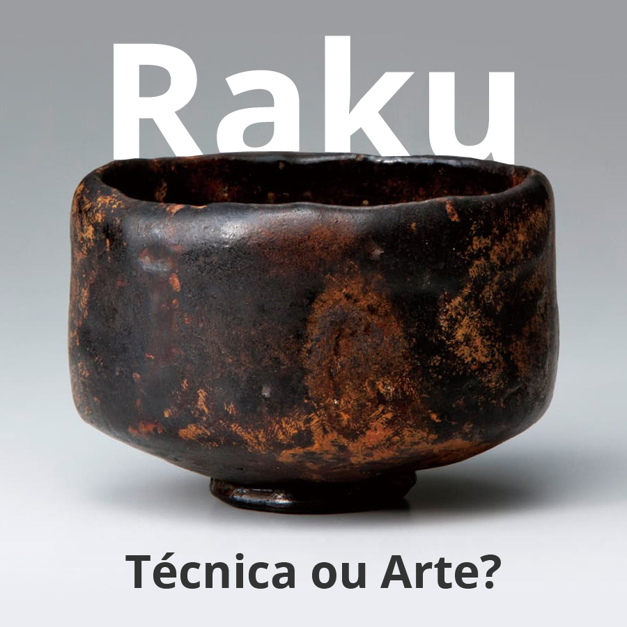 Taça Raku cerâmica escura texturizada com texto Raku e Técnica ou Arte?