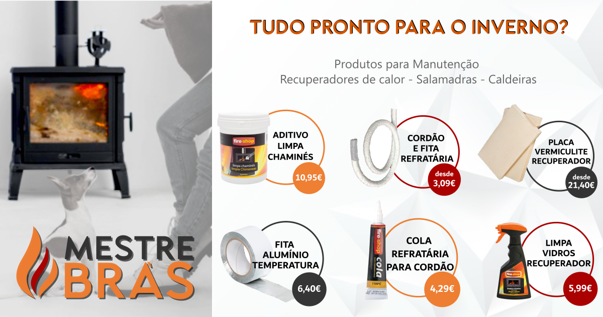 Produtos para manutenção de salamandras e recuperadores de calor com preços e texto promocional