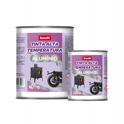 Duas latas de tinta alta temperatura Growit, cor alumínio, com imagens de fogão a lenha e motocicleta
