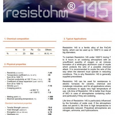 Documento técnico do produto ResistoHm 145 com tabelas e texto descritivo