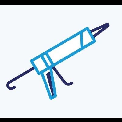 Ilustração de uma pistola de calafetagem branca com contornos azuis e pretos