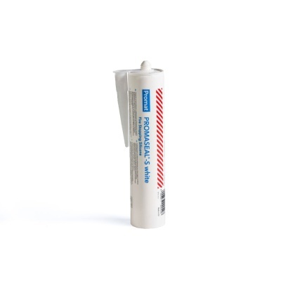 Tubo branco de silicone PROMASEAL-S White da Promat com rótulo azul e vermelho