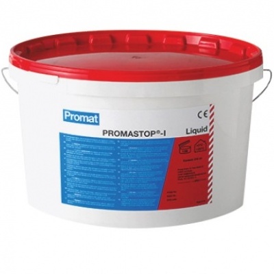 Balde branco com tampa vermelha e rótulo azul e vermelho, produto Promat PROMASTOP-1 Liquid