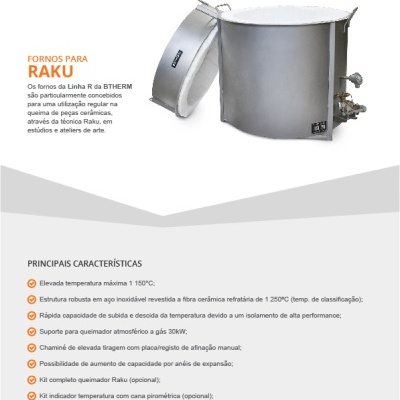 Forno Raku cilíndrico em aço inoxidável com tampa ao lado e texto técnico em português