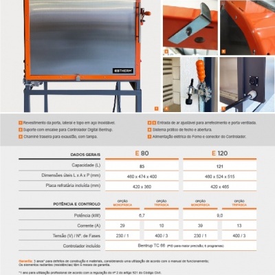 forno industrial inox laranja com painel digital e especificações técnicas