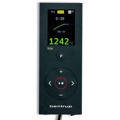 Dispositivo electrónico preto com ecrã a mostrar 1242°C e vários botões de controlo