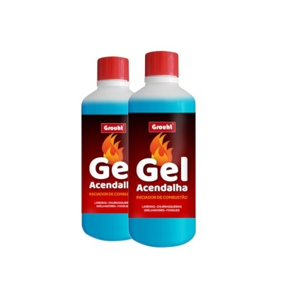 Duas garrafas de líquido azul com rótulos vermelhos de gel para acendalha