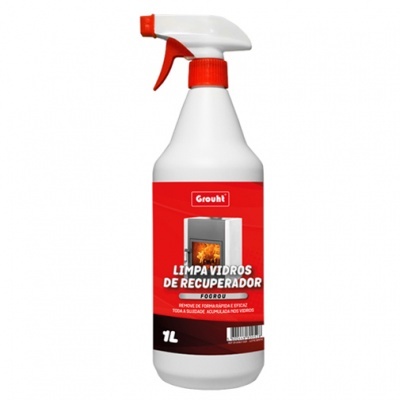 frasco plástico branco com pulverizador vermelho e branco e etiqueta vermelha de limpa vidros