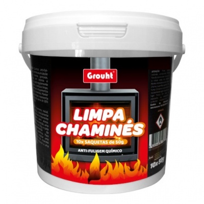 Balde branco de limpa chaminés Grouht com texto e fogo em fundo vermelho e preto