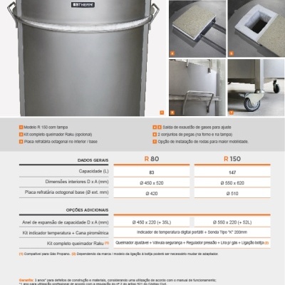 Caldeirão industrial em inox BT HERM com tampa e roda, detalhes técnicos e acessórios