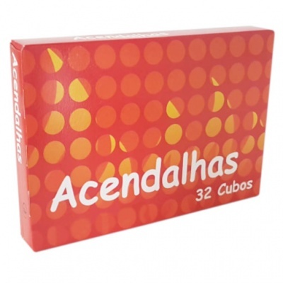 Caixa vermelha de acendalhas com padrão de círculos e texto branco