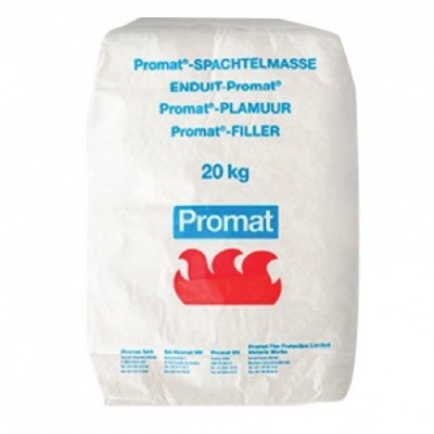 Saco branco de 20 kg com enchimento Promat com texto azul e vermelho.