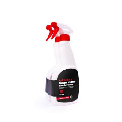 Frasco spray para limpeza de vidros com etiqueta preta e pulverizador vermelho e branco
