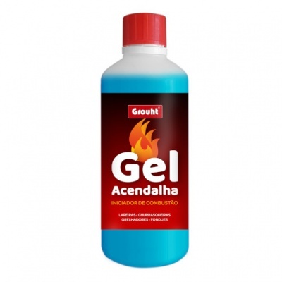 Frasco azul com tampa vermelha de gel acendalha para combustão com etiqueta vermelha e branca