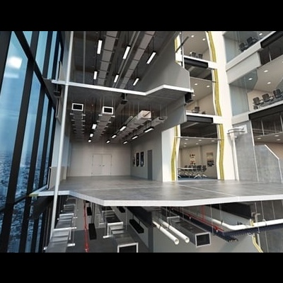 Interior moderno com estruturas metálicas, vidro e plataformas suspensas