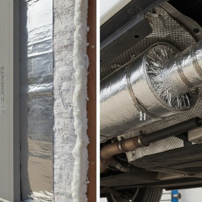 Painel isolante com várias camadas e texto METABRAS ISOLAMENTOS e sistema de escape automóvel com isolamento térmico prateado.