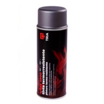 Spray de tinta termorresistente TRIA com tampa cinzenta e corpo preto.
