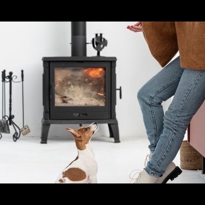 Lareira preta com fogo, cão branco e castanho sentado, pessoa com jeans azuis e casaco castanho