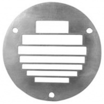 Grelha redonda metálica prateada com padrão de barras horizontais e três furos para parafusos.