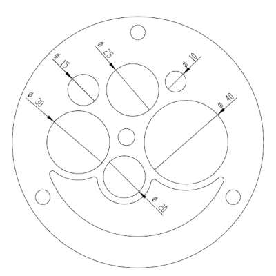 Desenho técnico de peça circular com vários furos e medidas
