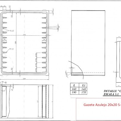 Desenho técnico de molde-retângulo com ranhuras internas e medidas