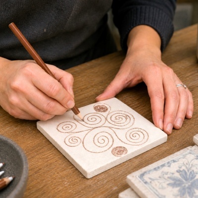 Azulejo branco com desenho de espirais castanhas feito à mão sobre mesa de madeira.