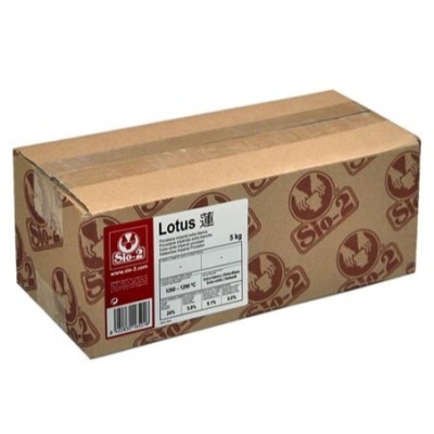 Caixa de papelão com padrão Sio-2 e etiqueta do produto Lotus 5 kg
